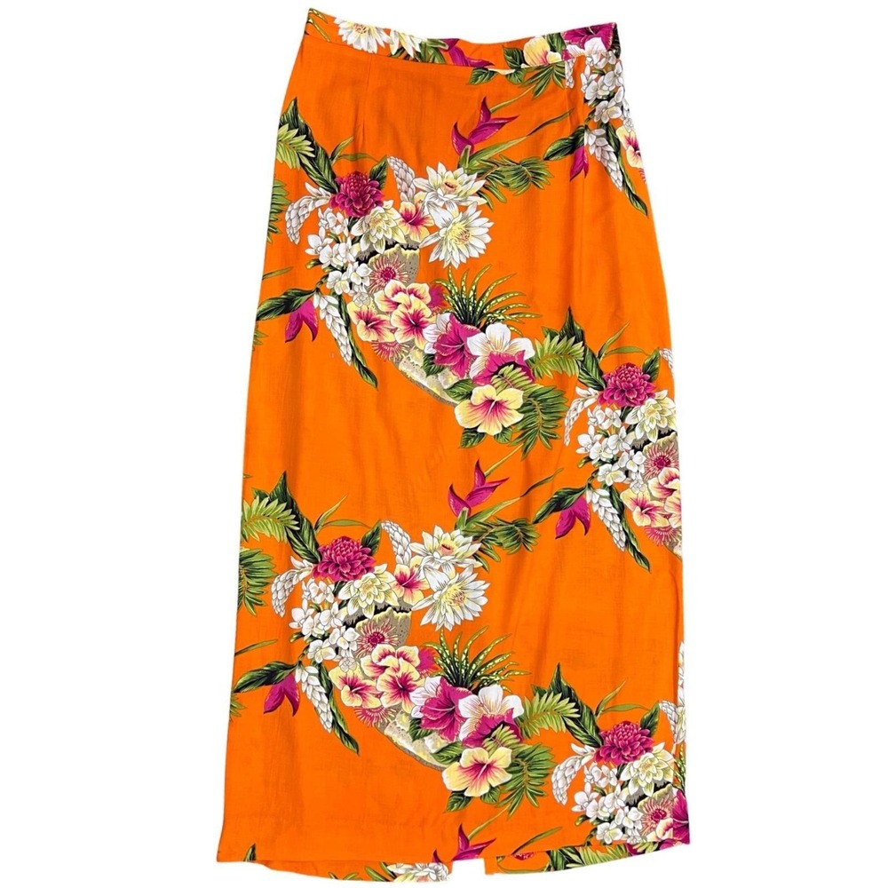 Vintage Orange Tropical Floral Rayon Midi Skirt Y2K Hawaiian Summer M